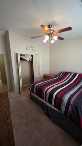 Bedroom with ceiling fan and carpet floors