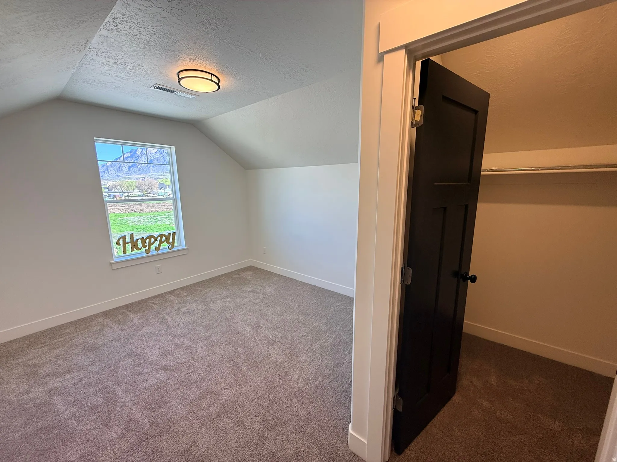 Additional living space featuring a textured ceiling and dark carpet
