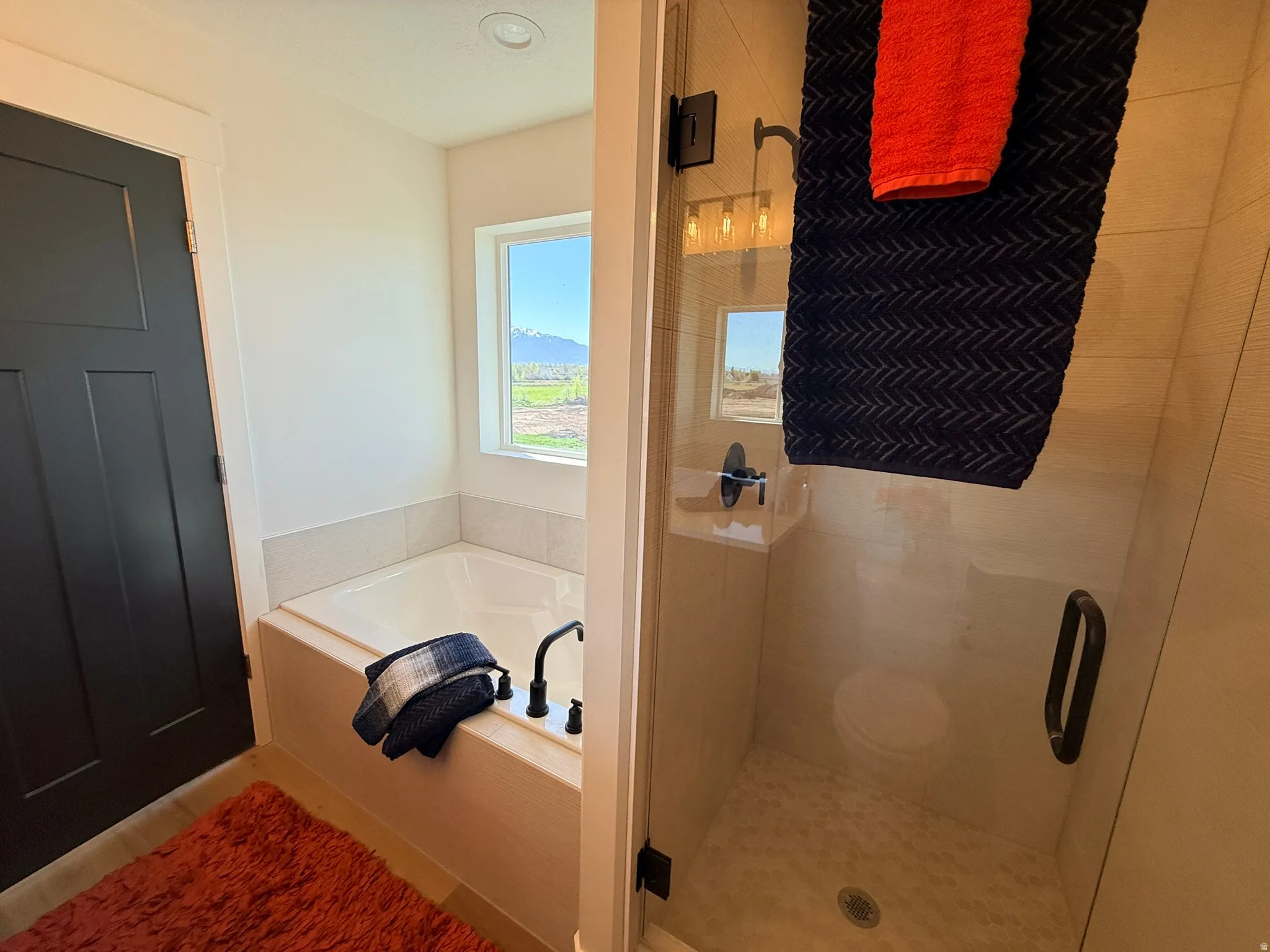 Bathroom with a garden tub and a shower stall