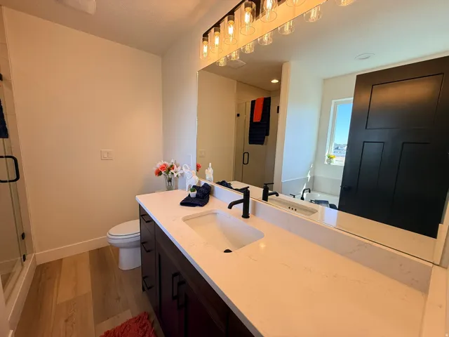 Bathroom with vanity, a shower stall, light wood-style floors, and a garden tub