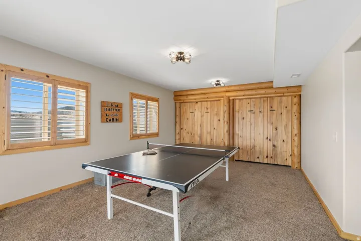 Recreation room featuring carpet and baseboards