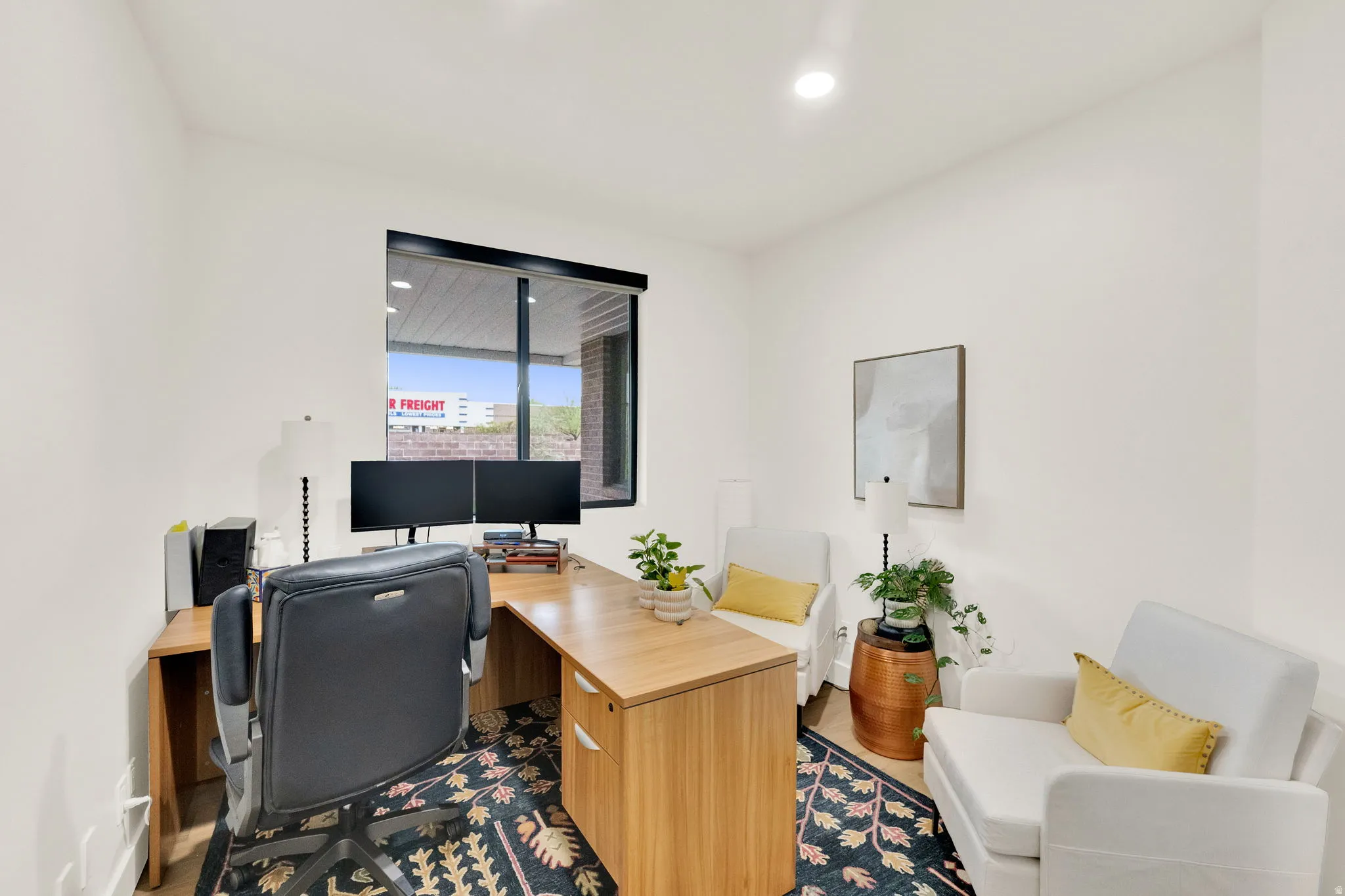 Home office featuring recessed lighting and light wood-type flooring