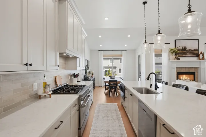 Kitchen with stainless steel appliances, a warm lit fireplace, white cabinetry, light wood finished floors, and light stone countertops