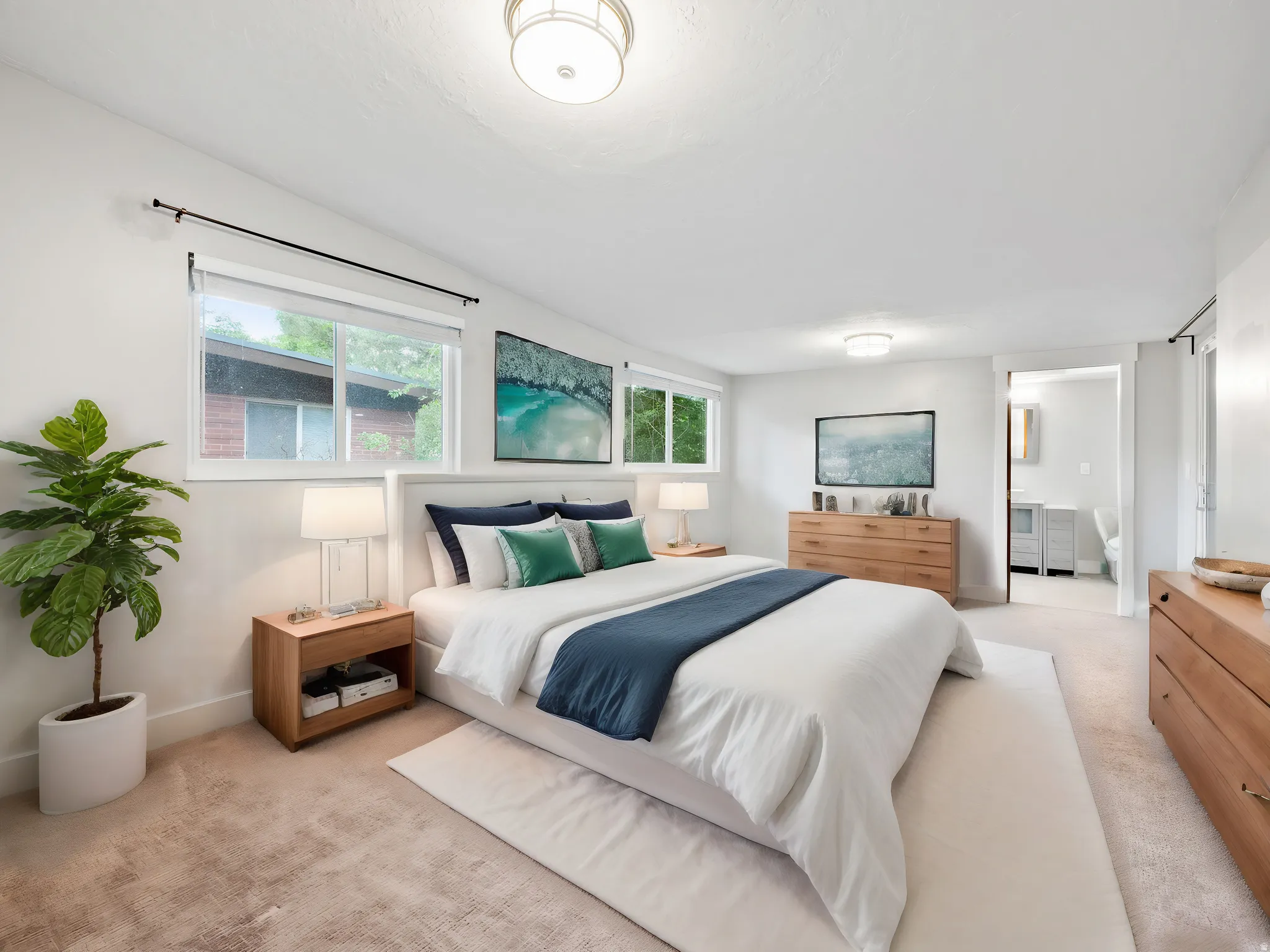 Bedroom featuring light colored carpet and ensuite bath