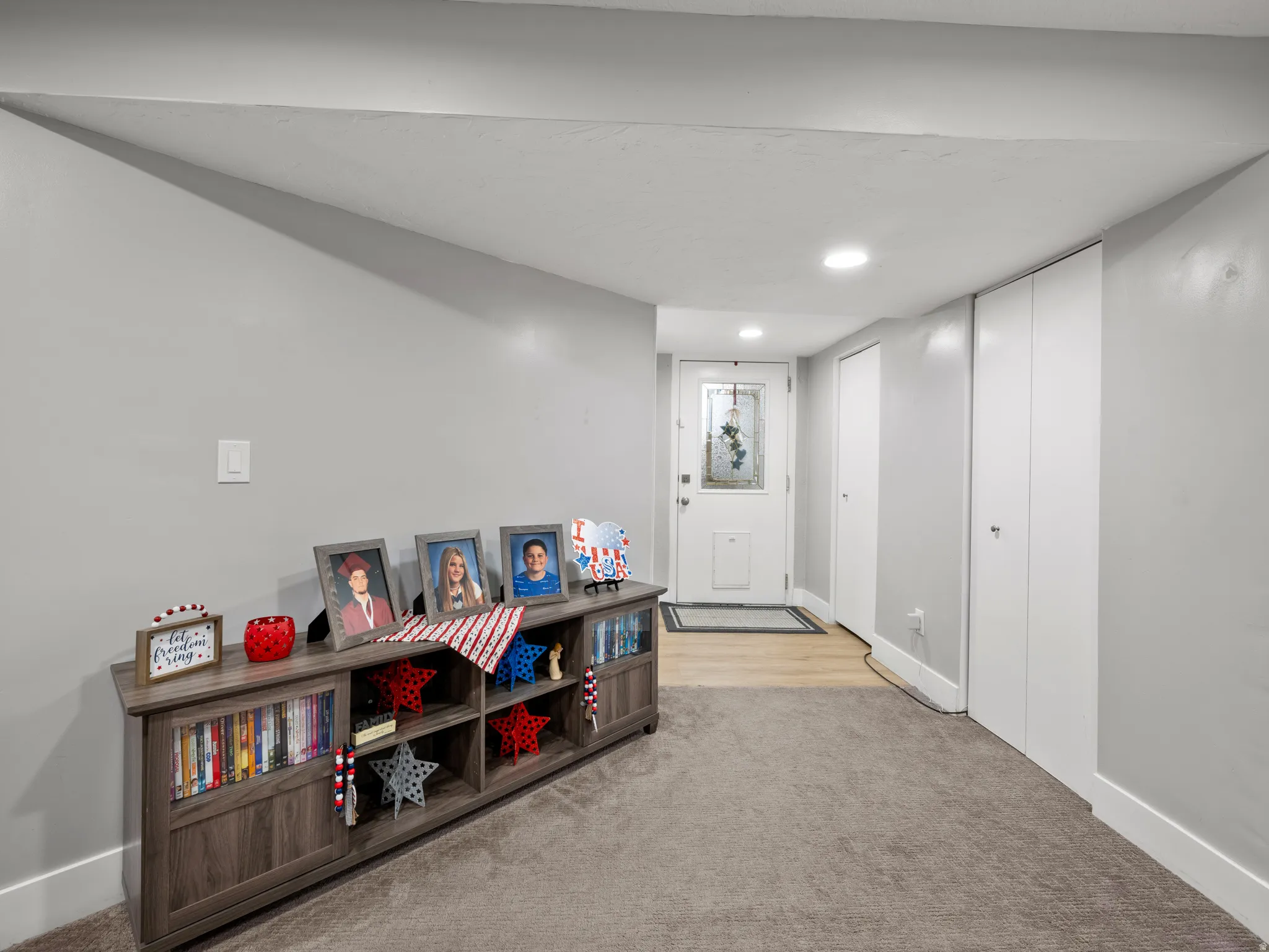 Game room featuring light colored carpet and recessed lighting