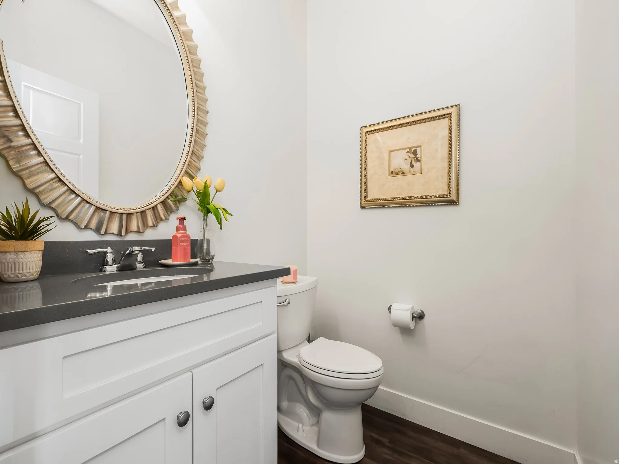 Bathroom featuring vanity and dark wood-type flooring