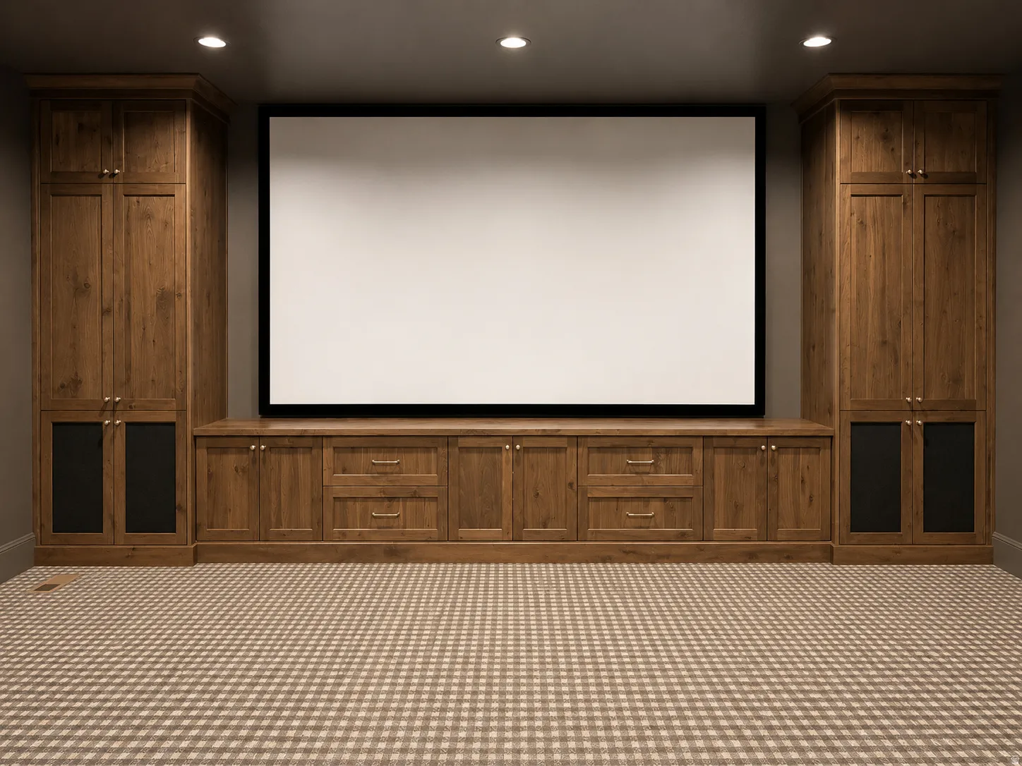 Integrated media screen with custom built-in cabinetry, recessed lighting, and patterned carpet flooring
