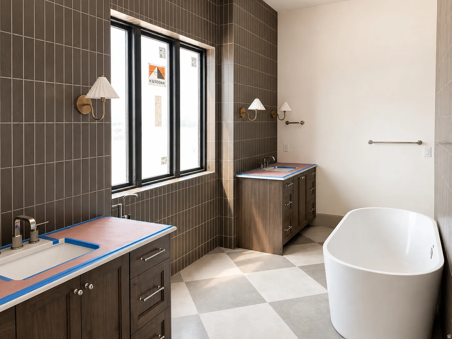 Contemporary primary bathroom featuring a freestanding tub, dual wood-finish vanities with undermount sinks, and checkerboard floor tiling