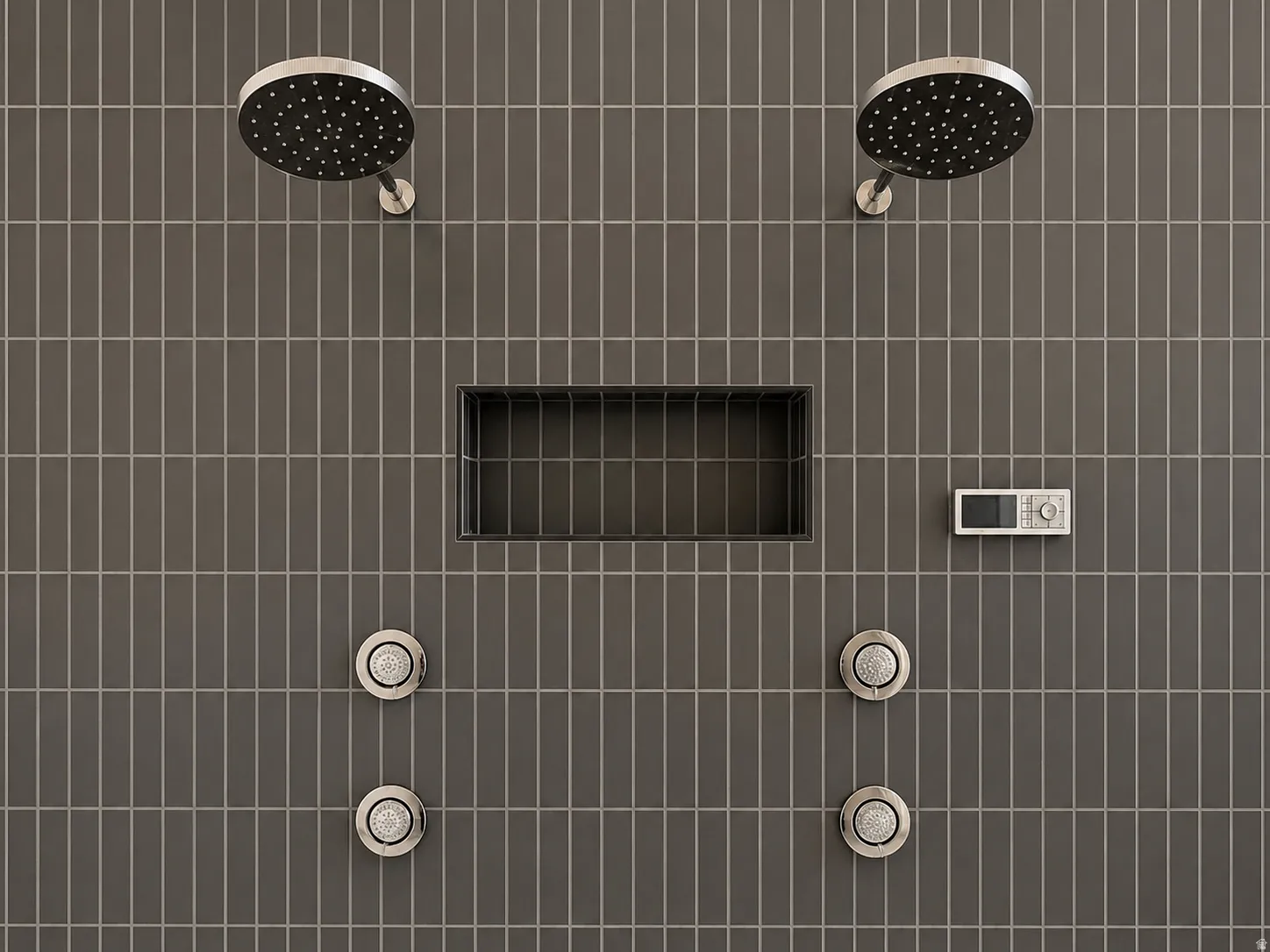 Vertically-stacked tile wall featuring dual rain shower heads, built-in shower niche, and digital control panel with integrated body sprays