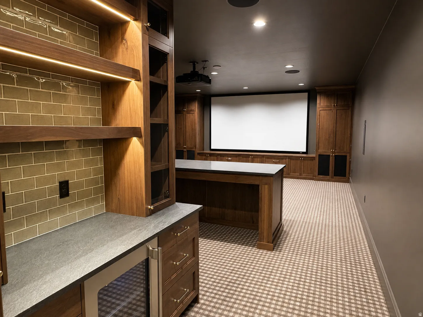 Entertainment space featuring a large projection screen, checkerboard-patterned carpeting, dark wood cabinetry, and recessed lighting
