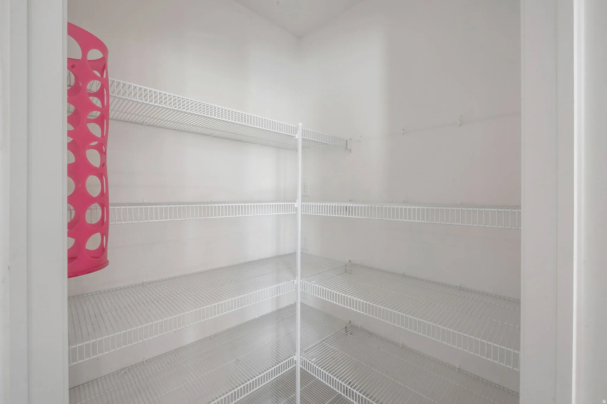 Walk-in pantry featuring multiple levels of wire shelving for extensive storage solutions