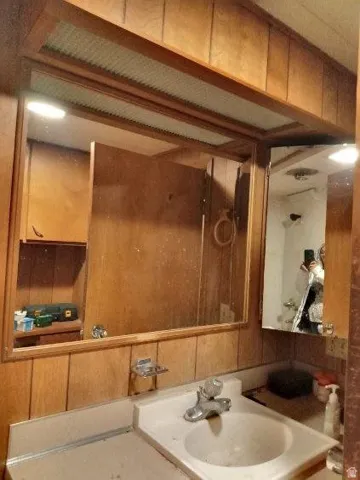 Bathroom with vanity and wooden walls