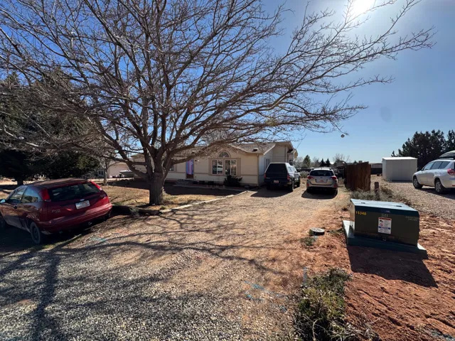 Single-story residence featuring a gravel driveway and a mature deciduous tree