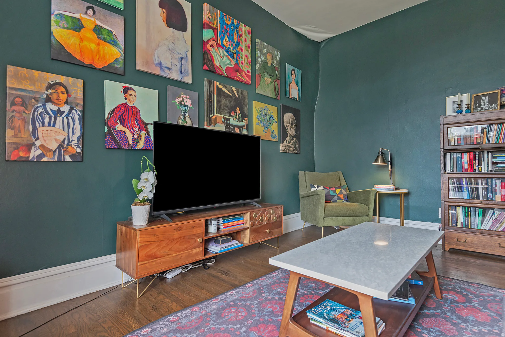 Office with wood finished floors