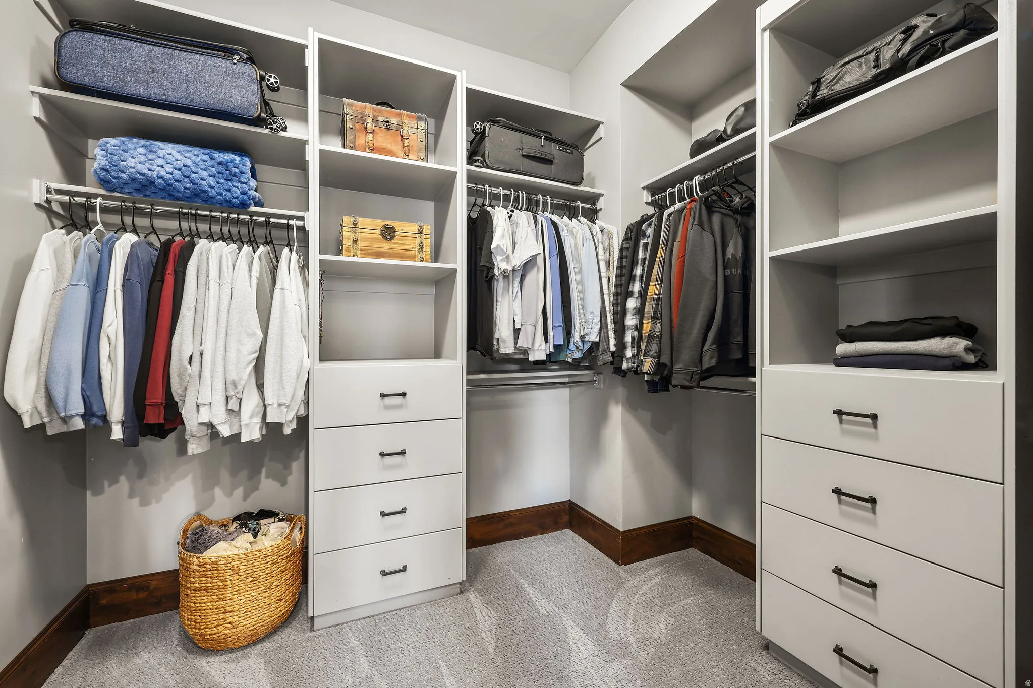 Walk in closet with light carpet