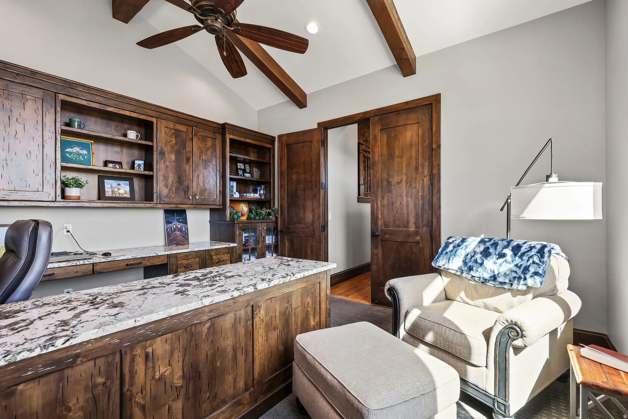 Office with built in desk, vaulted ceiling with beams, a ceiling fan, dark wood-style floors, and recessed lighting