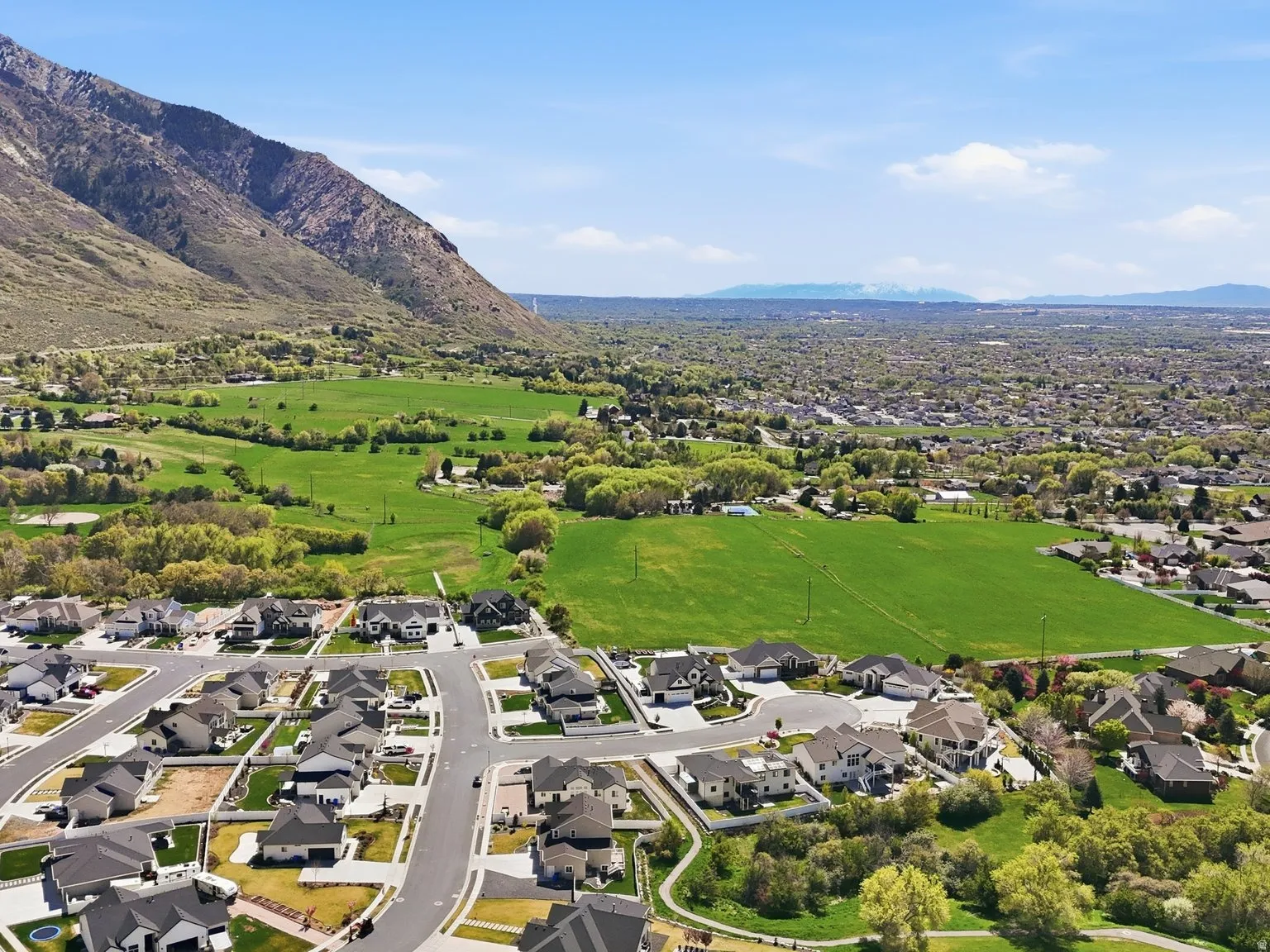 Aerial view of residential area with a mountain backdrop