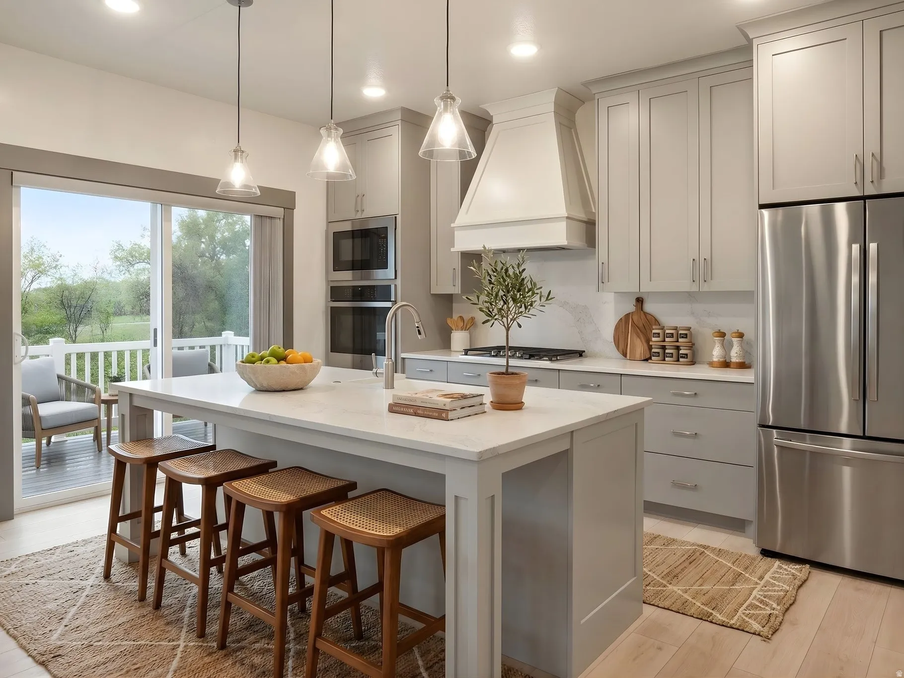 Virtually staged Kitchen featuring stainless steel appliances, light wood-style flooring, a breakfast bar, hanging light fixtures, and a kitchen island with sink