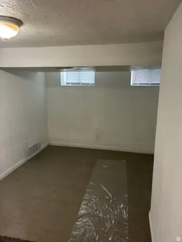 Below grade area featuring dark colored carpet and a textured ceiling