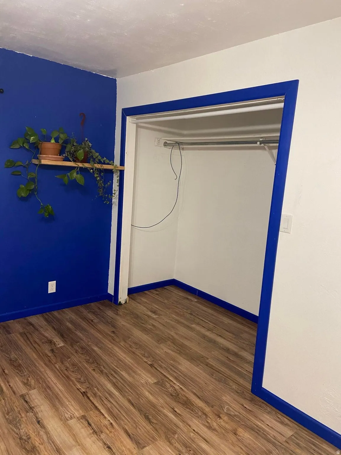 Unfurnished bedroom featuring dark wood-style floors and a closet