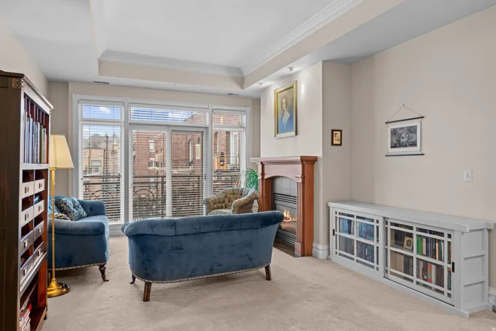 Living area featuring a raised ceiling, crown molding, a glass covered fireplace, and carpet floors