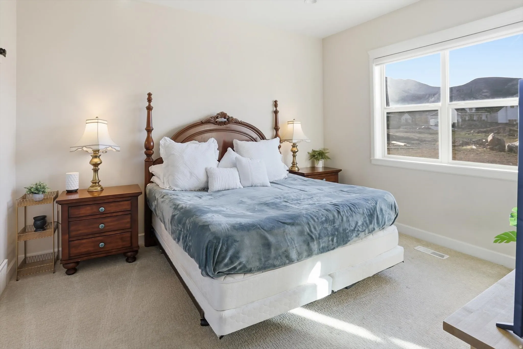 Bedroom featuring light colored carpet and a mountain view