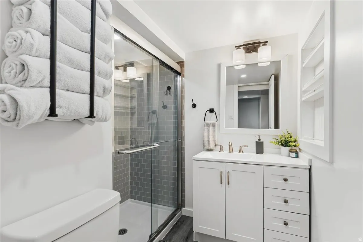 Bathroom featuring vanity, a stall shower, and dark wood-style floors