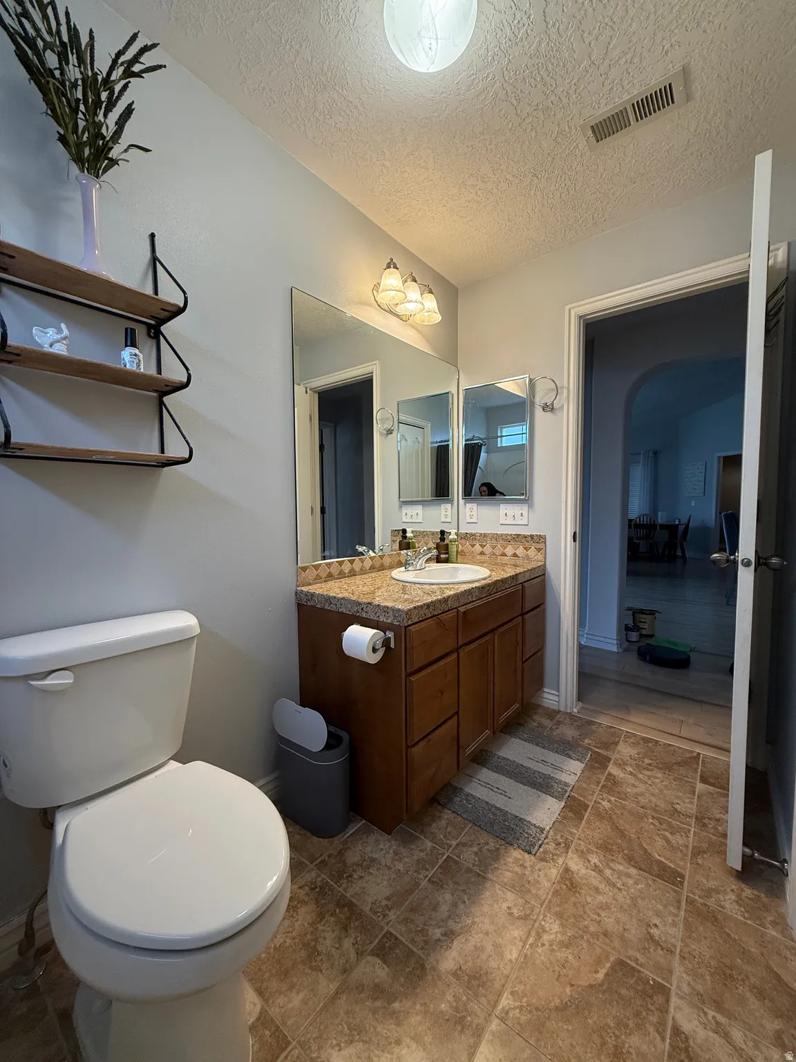 Bathroom featuring vanity and a textured ceiling