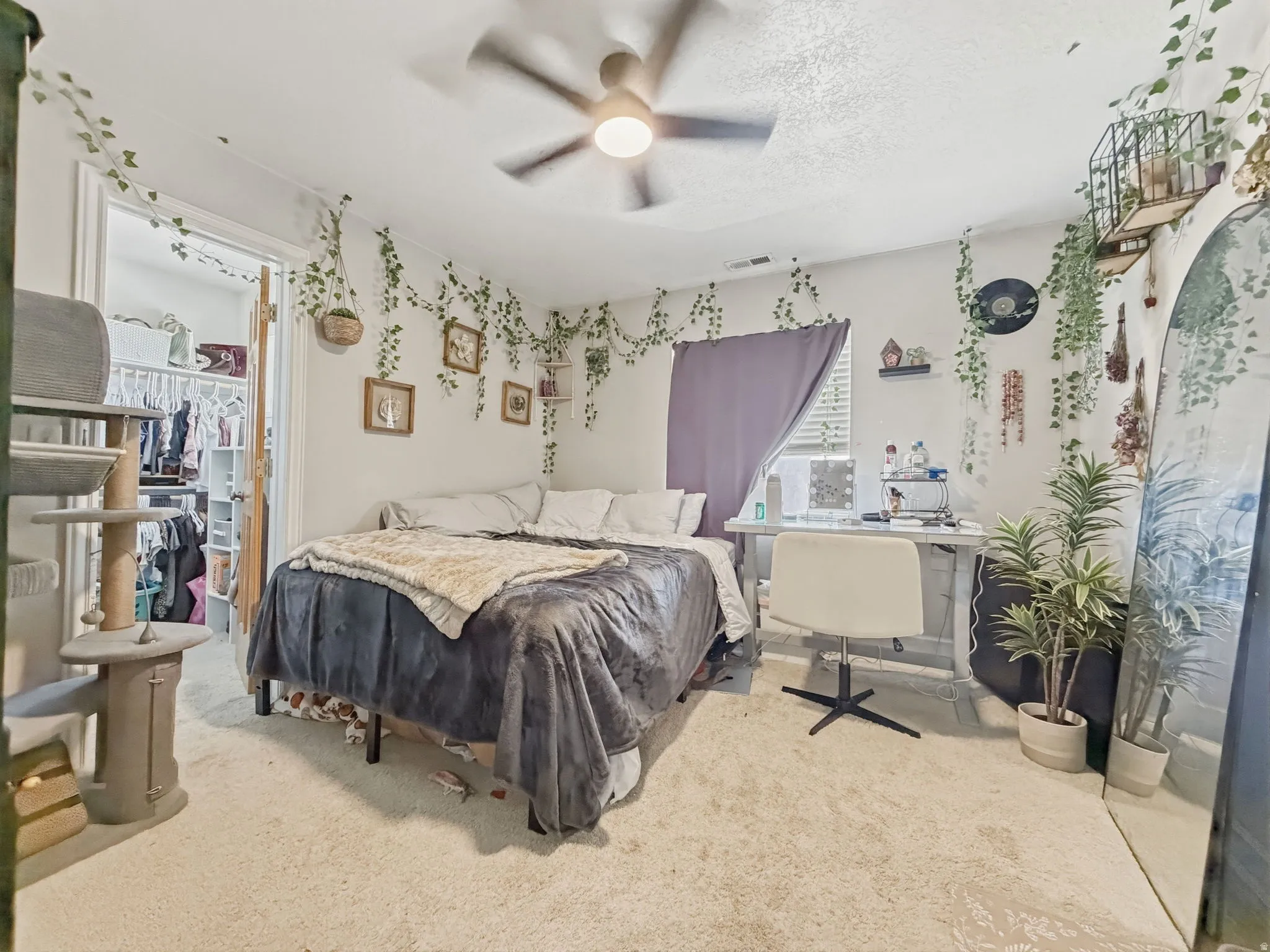 Bedroom featuring carpet, a spacious closet, an office area, a ceiling fan, and a textured ceiling