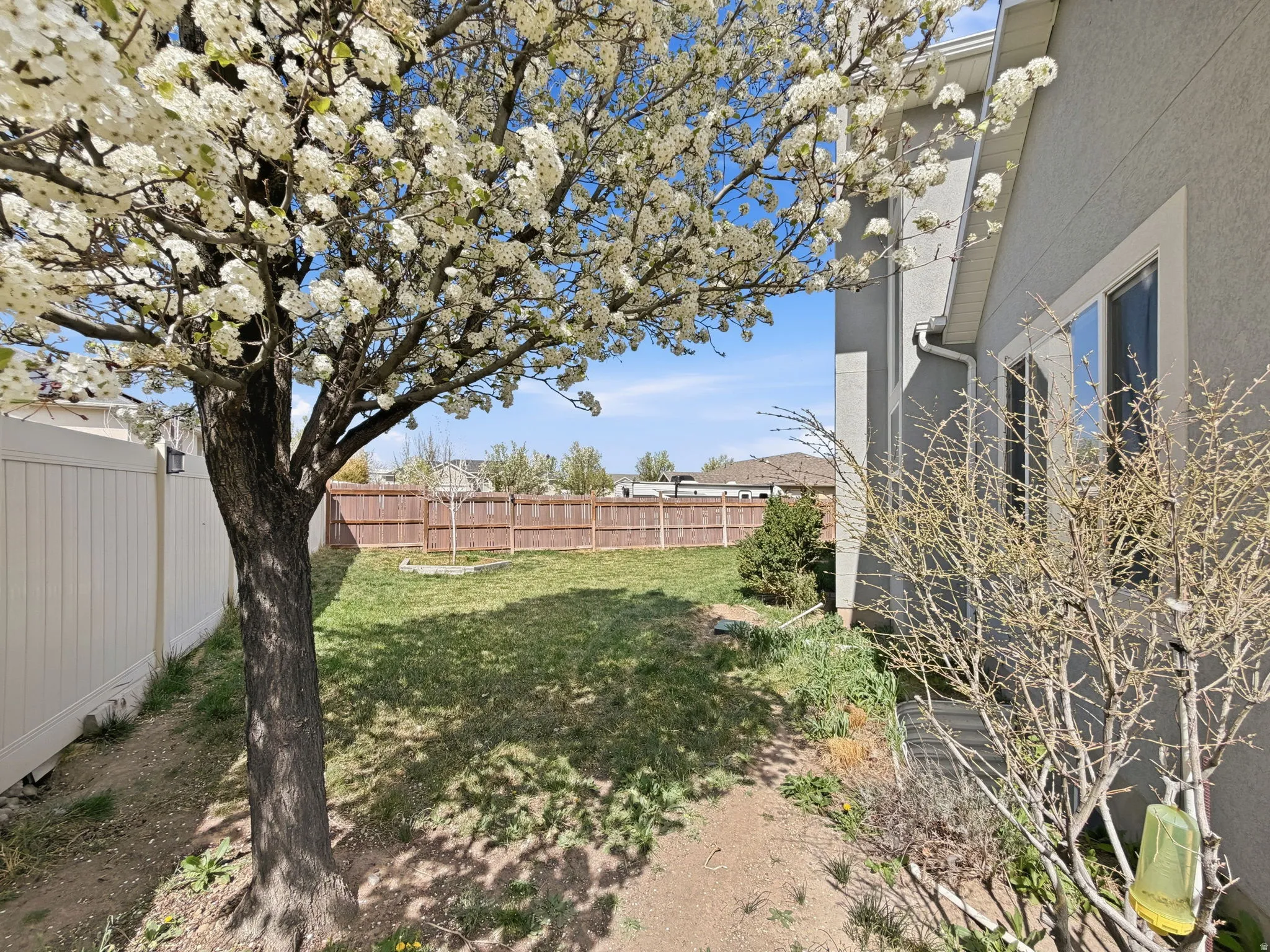 View of fenced backyard off of kitchen