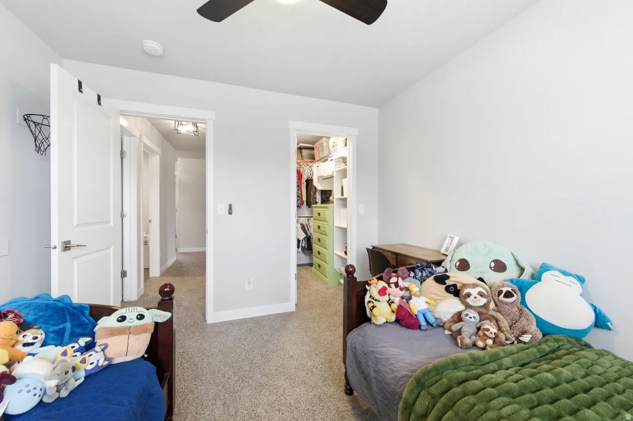 Bedroom with a walk in closet, carpet flooring, and a ceiling fan