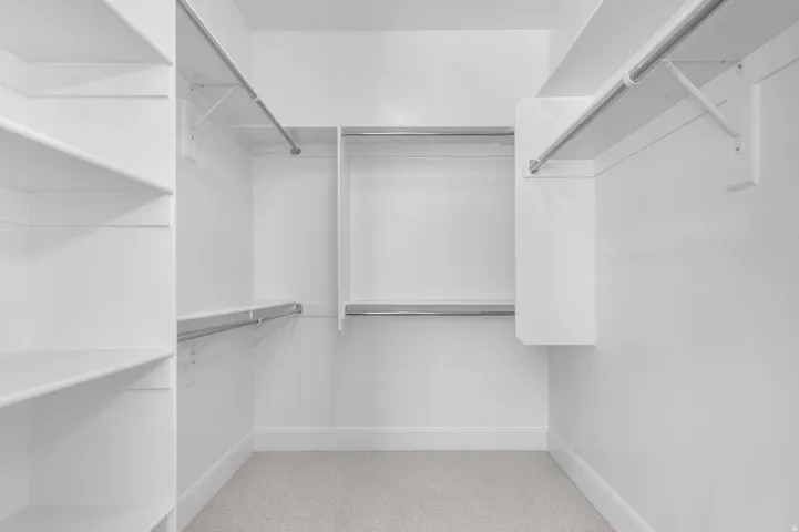 Walk in closet with light colored carpet