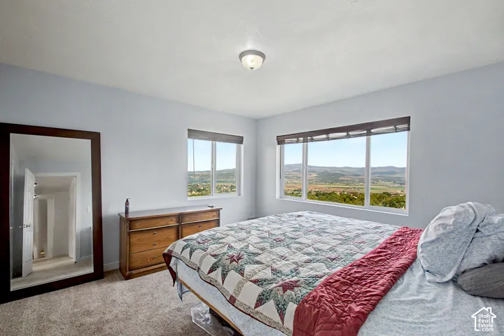 Wall-to-wall carpeting and large windows with horizontal blinds