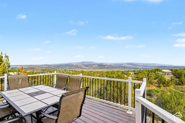 Outdoor deck featuring composite decking and a white railing with black balusters