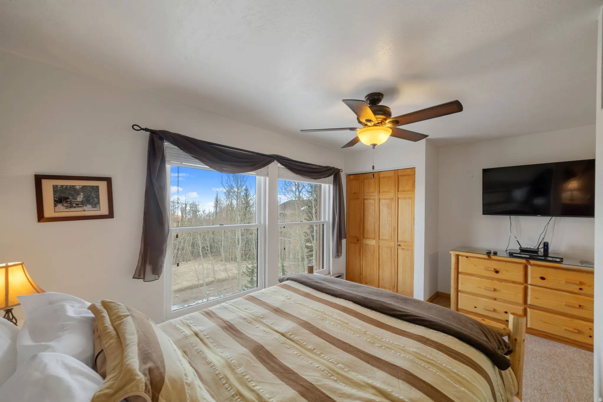 Carpeted bedroom with a closet and ceiling fan