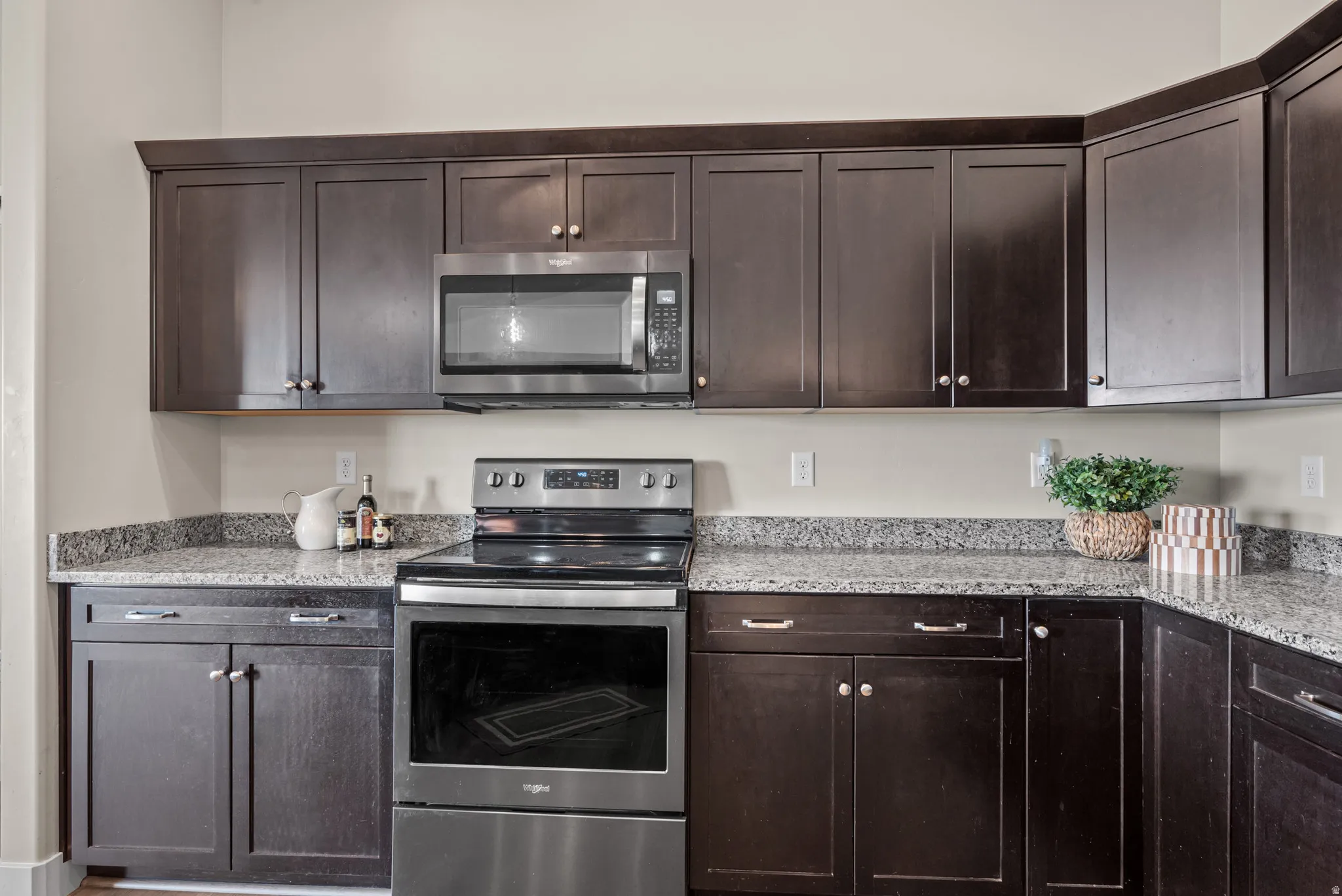 Kitchen featuring dark wood cabinetry, granite countertops, a stainless steel electric range, and a built-in stainless steel microwave