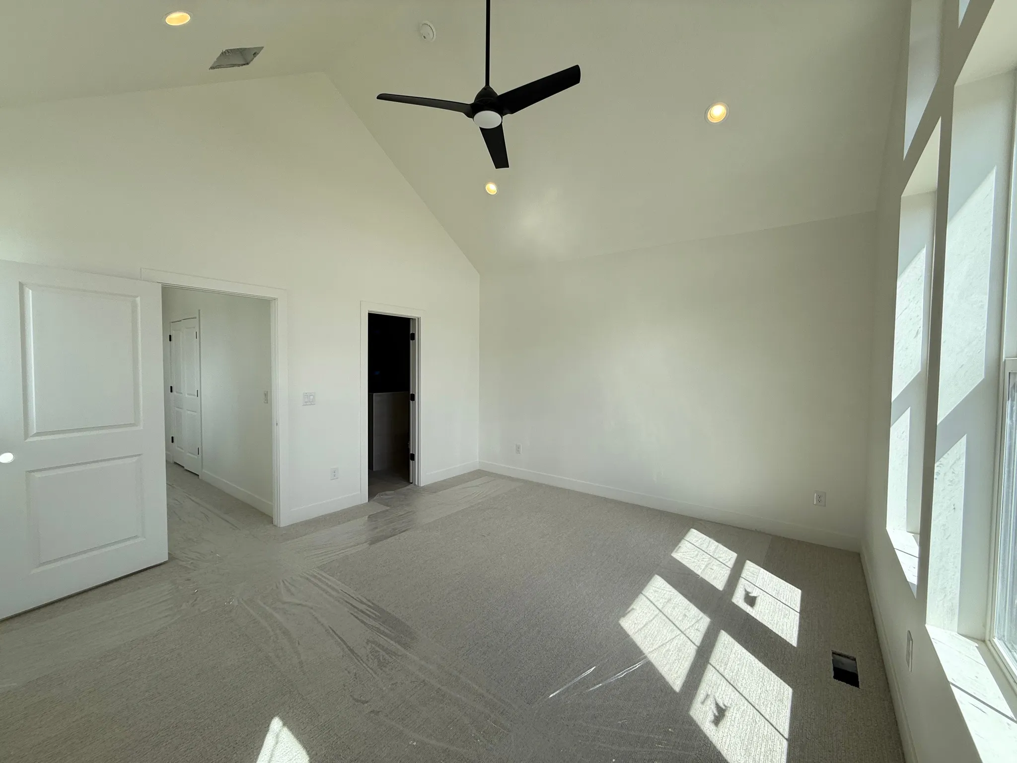 Primary suite featuring vaulted ceiling, carpet floors, a walk in closet, ceiling fan, and recessed lighting