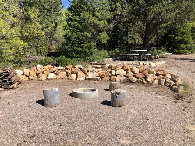 View of yard with an outdoor fire pit and view of wooded area