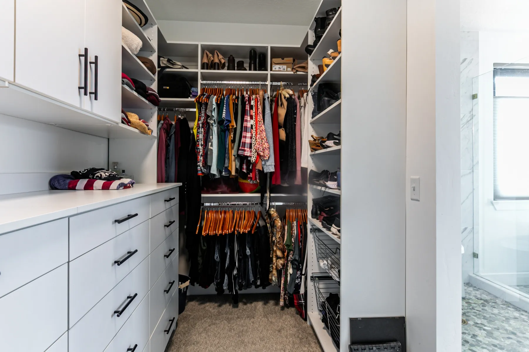 Walk in closet with light colored carpet
