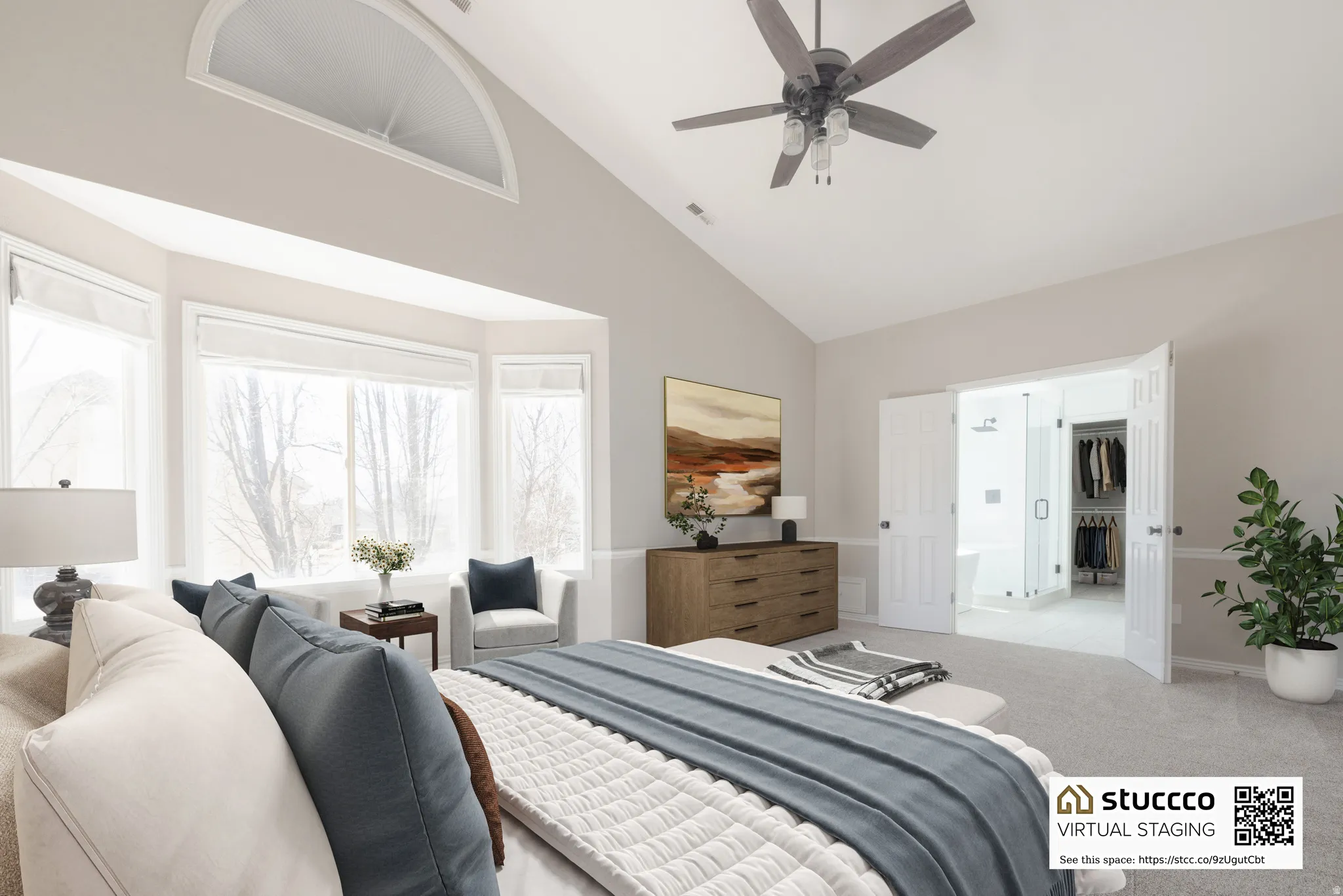Bedroom featuring light carpet, lofted ceiling, and a ceiling fan