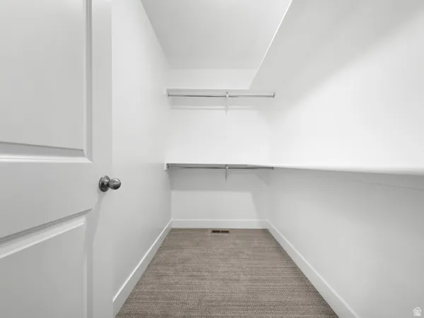 Walk in closet featuring light carpet