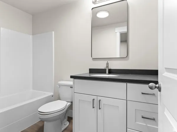 Bathroom featuring vanity, dark wood-style floors, and bathing tub / shower combination