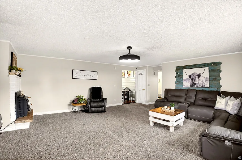 Living room with carpet floors, a textured ceiling, and crown molding