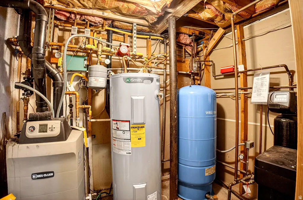 Utilities featuring water heater and a heating unit