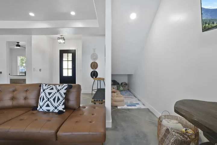 Living room featuring recessed lighting and ceiling fan