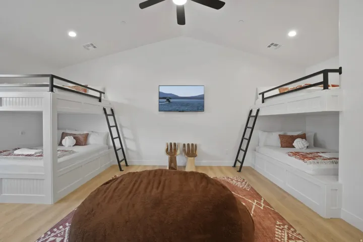 Bedroom featuring recessed lighting, light wood finished floors, and ceiling fan