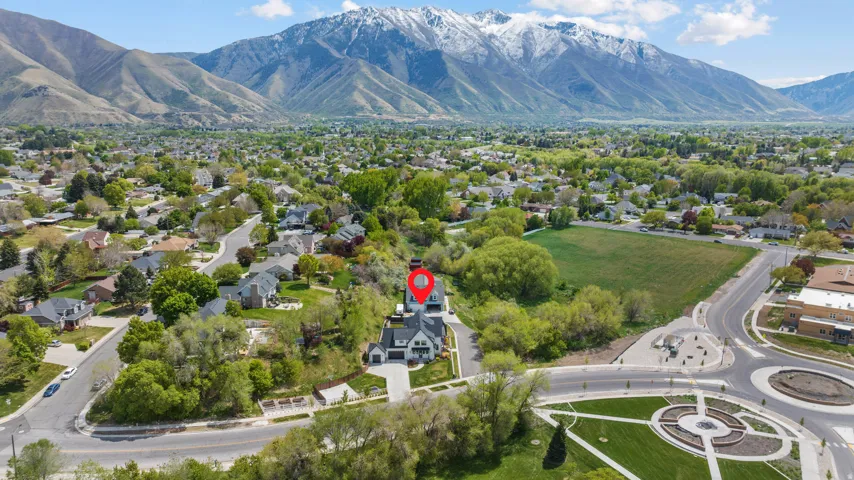 Aerial perspective of suburban area featuring mountains