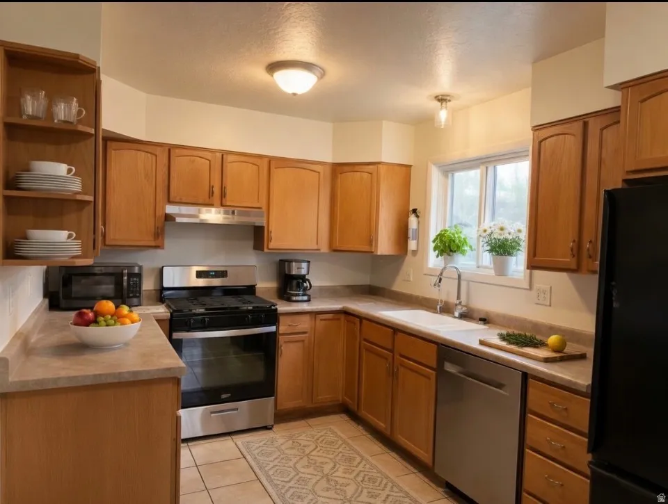 Kitchen featuring stainless steel appliances, open shelves, light countertops, wood finish cabinets, and a textured ceiling