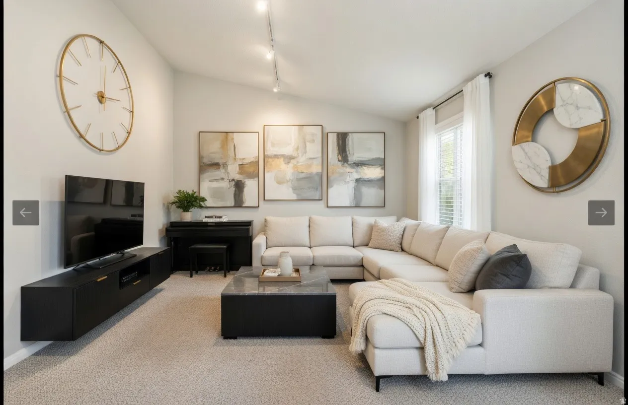 Living room with lofted ceiling, carpet flooring, and rail lighting