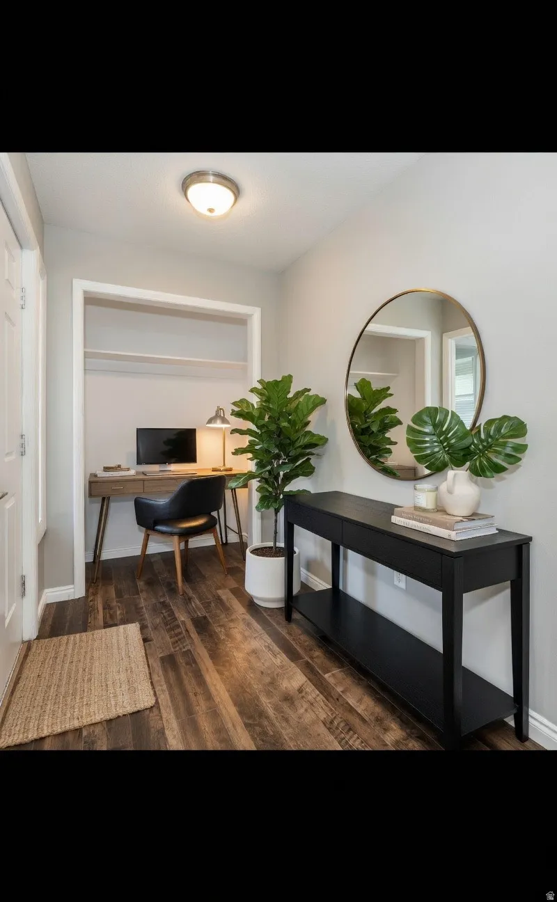 Home office with dark wood-type flooring and baseboards